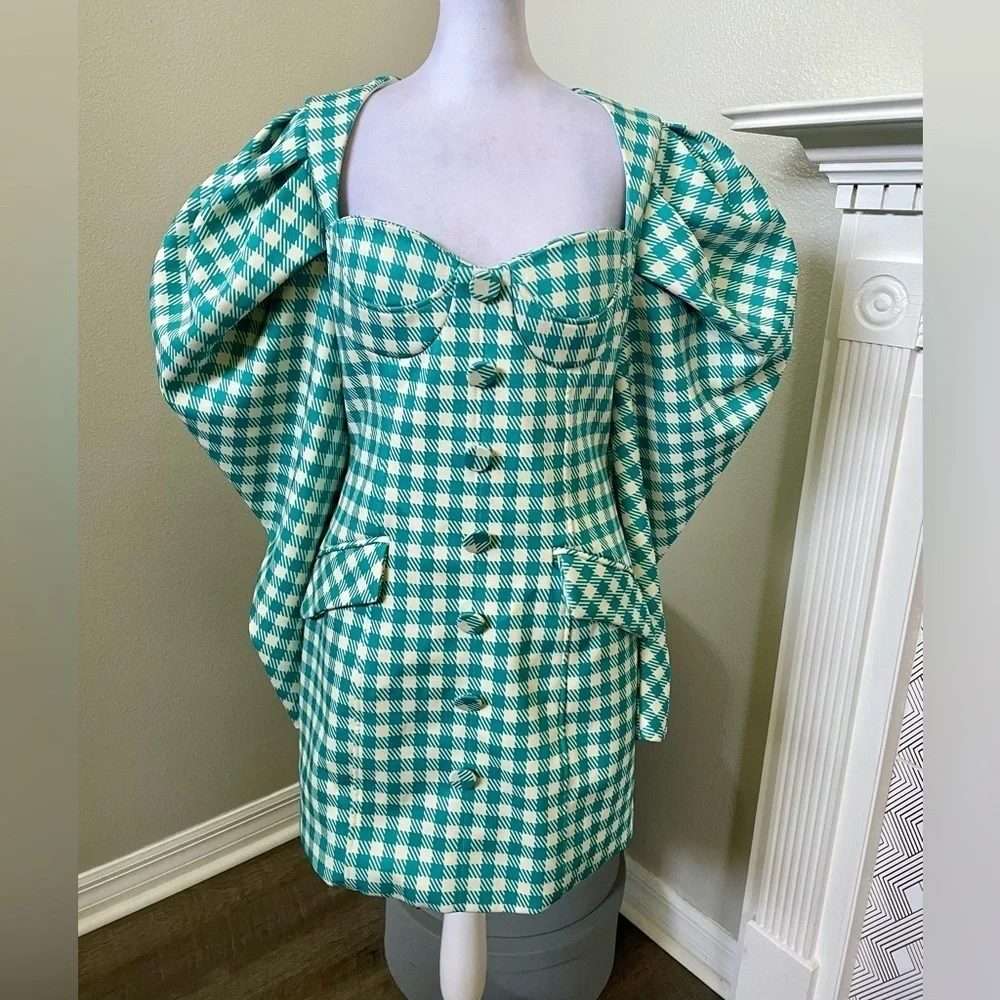 Louise James Check-Pattern Puff-Sleeve Minidress - Picture 2 of 7